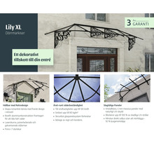 Dverová strieška Lily XL v retro štýle s čiernou hliníkovou konštrukciou a čírymi panelmi nad vchodovými dverami, vrátane trojročnej záruky.