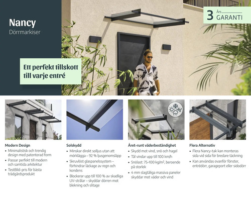 Infografika pre vchodovú striešku Nancy s moderným dizajnom, ochranou proti slnku, odolnosťou voči počasiu a zárukou 3 roky.