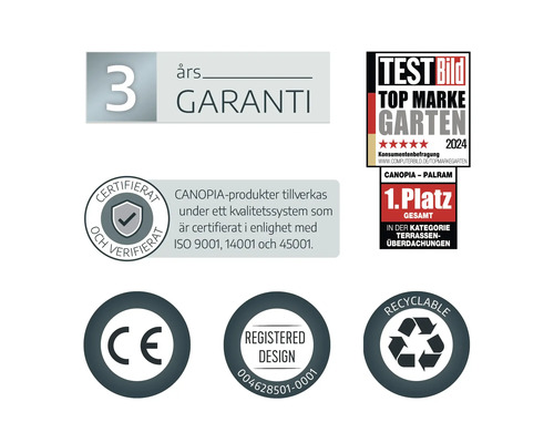 3-ročná záruka, ocenenie Test Bild Top Marke Garten 2024, certifikácia ISO, značka CE, registrovaný dizajn a recyklovateľné.