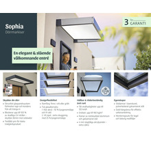 Infografika pre vchodovú striešku Sophia s detailmi o dizajne, odolnosti voči počasiu, trojročnej záruke a integrovanom odkvape.