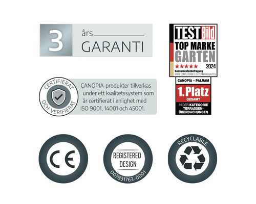 Symboly pre trojročnú záruku, ocenenie Top Marke Garten 2024, certifikáciu ISO, značku CE, registrovaný dizajn a recyklovateľnosť.
