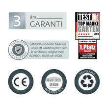 Symboly pre trojročnú záruku, ocenenie Top Marke Garten 2024, certifikáciu ISO, značku CE, registrovaný dizajn a recyklovateľnosť.