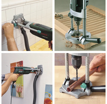 Viacnásobný pohľad na vŕtačku s odsávaním prachu a vŕtačkovými stojanmi v prevádzke.