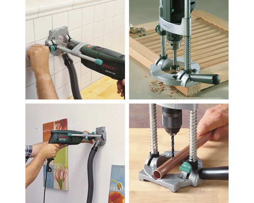 Viacnásobný pohľad na vŕtačku s odsávaním prachu a vŕtačkovými stojanmi v prevádzke.