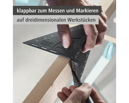 Logo Wolfcraft. Skladací uholník na meranie a značenie trojrozmerných obrobkov