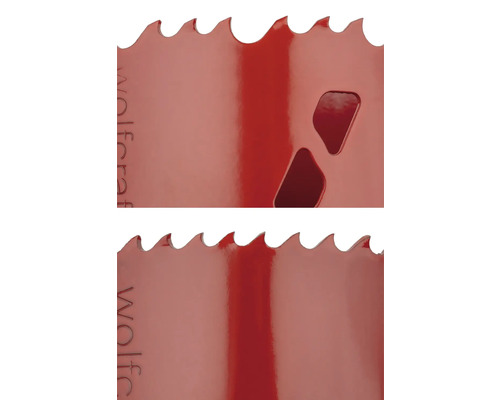 Detailný záber dierovacej píly so zubami a výrezmi.