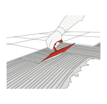 Ilustrácia osoby nanášajúcej zubovou stierkou lepidlo na dlaždice na povrch.