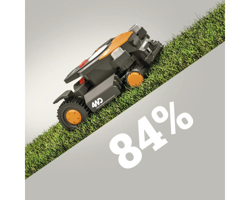 Robotická kosačka s pohonom všetkých kolies na naklonenom trávniku