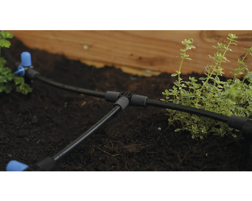 Zavlažovací systém s kvapkovou hadicou v záhradnom záhone na zavlažovanie rastlín