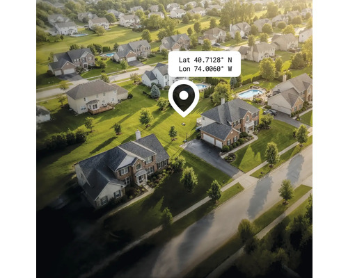 Letecký pohľad na obytnú oblasť s domami, záhradami a ulicami