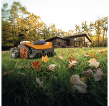 Robotická kosačka na trávniku s lístím pred obytným domom.