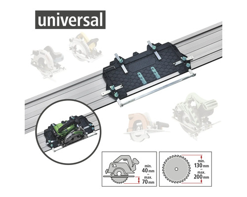 Univerzálna vodiaca lišta pre ručné okružné píly s hĺbkou rezu od 40 milimetrov do 70 milimetrov a priemerom pílového kotúča od 130 milimetrov do 200 milimetrov