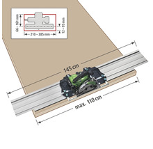 Obrázok ručnej okružnej píly s vodiacou lištou na rezanie obrobku s rozmermi 145 cm a maximálne 110 cm, vrátane rozmerových údajov.