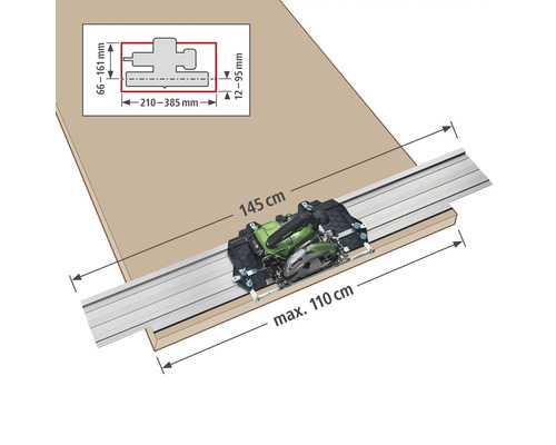 Obrázok ručnej okružnej píly s vodiacou lištou na rezanie obrobku s rozmermi 145 cm a maximálne 110 cm, vrátane rozmerových údajov.