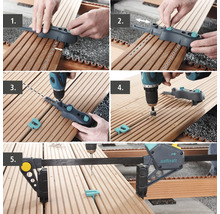 Fotomontáž kladenia drevenej terasy s montážnou šablónou na terasy a akumulátorovým skrutkovačom