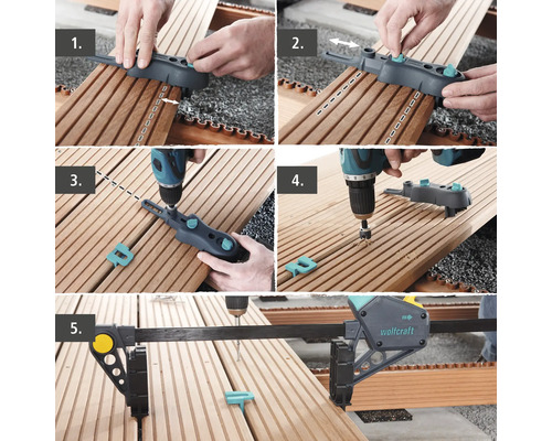 Fotomontáž kladenia drevenej terasy s montážnou šablónou na terasy a akumulátorovým skrutkovačom