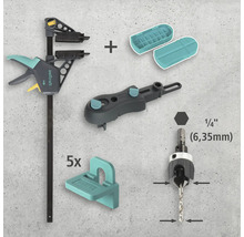 Montážna súprava Wolfcraft s rýchloupínacou svorkou, vrtnou šablónou, vŕtacím puzdrom a značkovačmi kolíkov