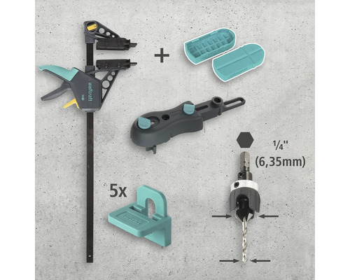 Montážna súprava Wolfcraft s rýchloupínacou svorkou, vrtnou šablónou, vŕtacím puzdrom a značkovačmi kolíkov