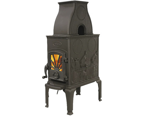 Krbové kachle z liatiny s reliéfnymi ozdobami a priehľadným okienkom