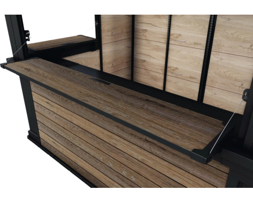 Detailný pohľad na vonkajší kuchynský modul s dreveným obkladom a sklopnou pracovnou doskou