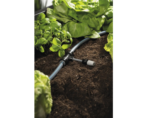 Zavlažovací systém v zeleninovom záhone s bazalkou a šalátom