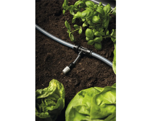 Zavlažovací systém s hadicou, T-kusom a rastlinami v záhradnom záhone