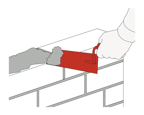 Ilustrácia ruky nanášajúcej maltu na tehlový múr pomocou lyžice.