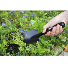 Osoba drží v záhrade ručnú lopatku s rastlinou.