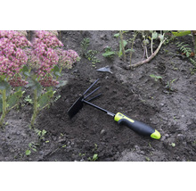 Záhradné náradie s hrabľami a motykou v záhone vedľa rastliny