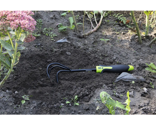 Záhradné hrable v zemi vedľa kvetiny