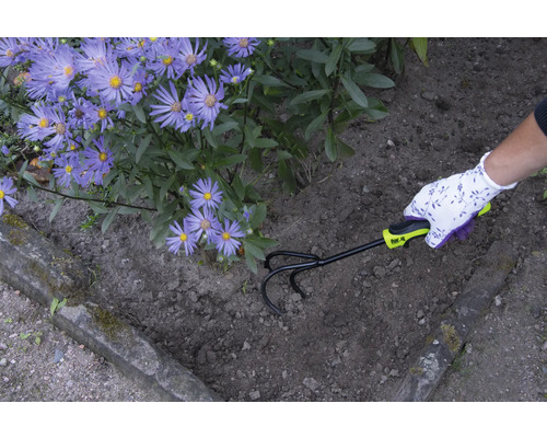 Záhradník kypriaci pôdu kultivátorom vedľa fialových kvetov.