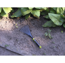 Záhradné hrable na záhradnej pôde s rastlinami