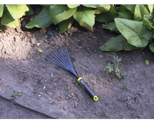 Záhradné hrable na záhradnej pôde s rastlinami