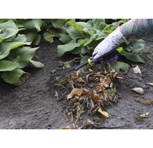 Osoba so záhradnými rukavicami používa vejárové hrable na odstraňovanie lístia.