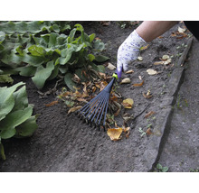 Osoba hrabe lístie hrabľami na lístie v záhrade.