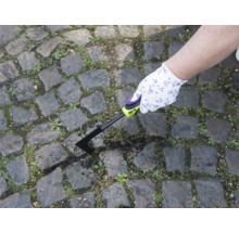 Osoba odstraňuje burinu škrabkou na škáry z dláždenej cesty.