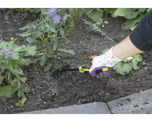 Osoba používa malé hrable na záhradníctvo