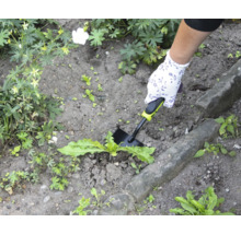 Záhradná scéna s rukou, záhradnou rukavicou a vytrhávačom buriny pri práci.