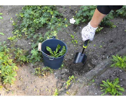 Osoba odstraňuje burinu lopatkou zo záhrady, burina sa zbiera do vedra