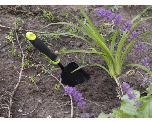 Záhradná scéna s malou záhradnou lopatkou vedľa rastliny s fialovými kvetmi.