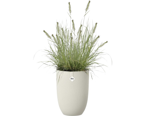 Vysoký biely kvetináč s vrúbkovanou štruktúrou od Elho, osadený okrasnou trávou. Elho Logo.
