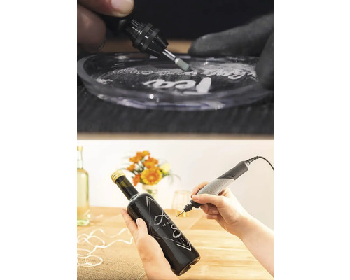 Multifunkčné náradie Dremel pri gravírovaní skla a tmavej sklenenej fľaše.