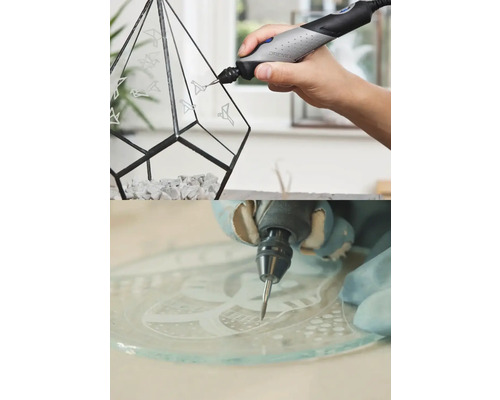 Multifunkčné náradie Dremel pri gravírovaní vtáčích motívov na geometrické sklenené terárium a sklenenú dosku.