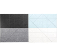 Akustické panely s geometrickým trojuholníkovým vzorom v tmavosivej, svetlomodrej, sivej a bielej farbe z plsteného materiálu.