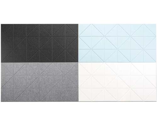Akustické panely s geometrickým trojuholníkovým vzorom v tmavosivej, svetlomodrej, sivej a bielej farbe z plsteného materiálu.