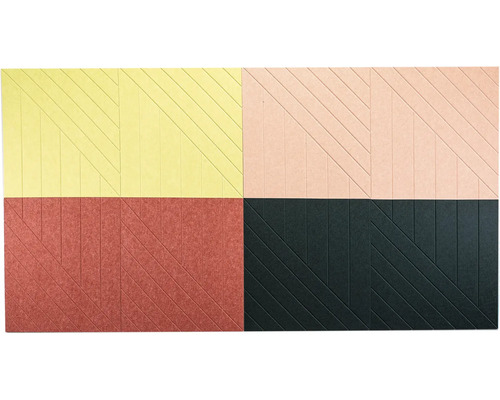 Akustické plstené panely s geometrickým líniovým vzorom v rôznych farbách.