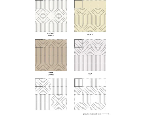 Prehľad šiestich vzorov pokládky štvorcových obkladov s geometrickými líniami a vlnitými tvarmi.