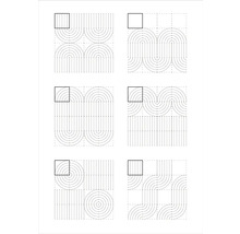 Šesť rôznych geometrických vzorov s priamymi líniami, polkruhmi a kruhmi v mriežkovom usporiadaní.