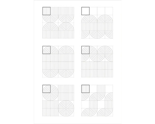 Šesť rôznych geometrických vzorov s priamymi líniami, polkruhmi a kruhmi v mriežkovom usporiadaní.