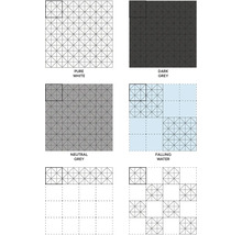 Prehľad rôznych vzorov dlaždíc a farebných vyhotovení s geometrickými trojuholníkovými vzormi v mriežkovom usporiadaní.